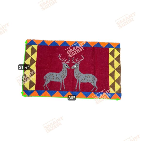 Vintage Handwoven Wool Tapestry Rug Buck Elk Deer Design 36"x21 Red Wall Hanging - Picture 4 of 4